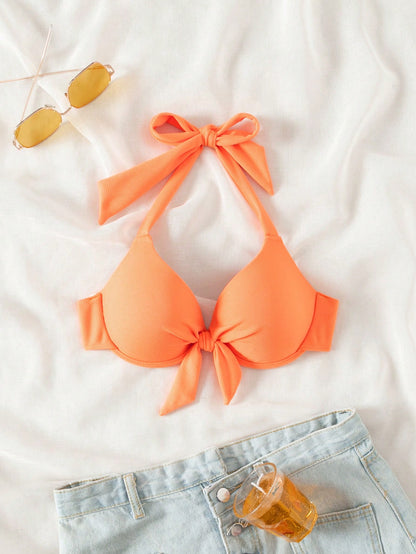 Bonvoyette 2026 Spring/Summer Push-Up Bowknot Halter Neck Padded Cute Pink Bikini Top