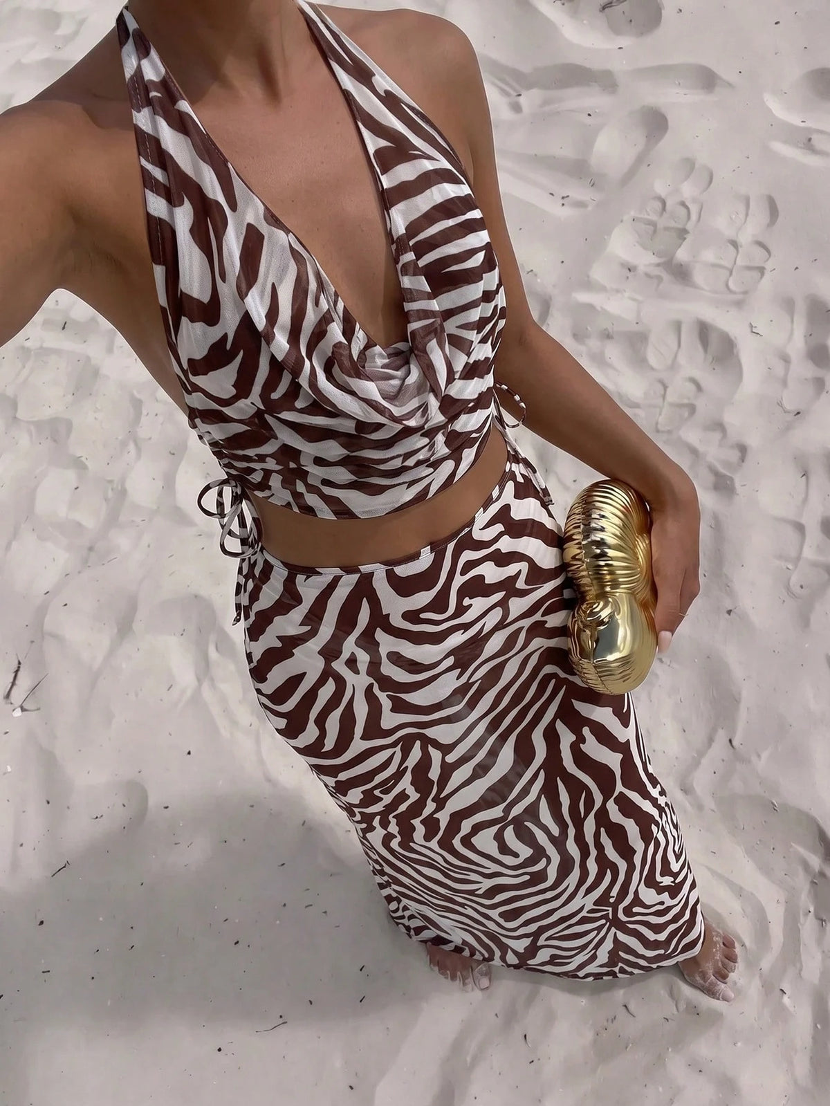 Bonvoyette 2026 Summer Brown Striped 4-Piece Bikini Set,Beach Party Holiday Swimsuit