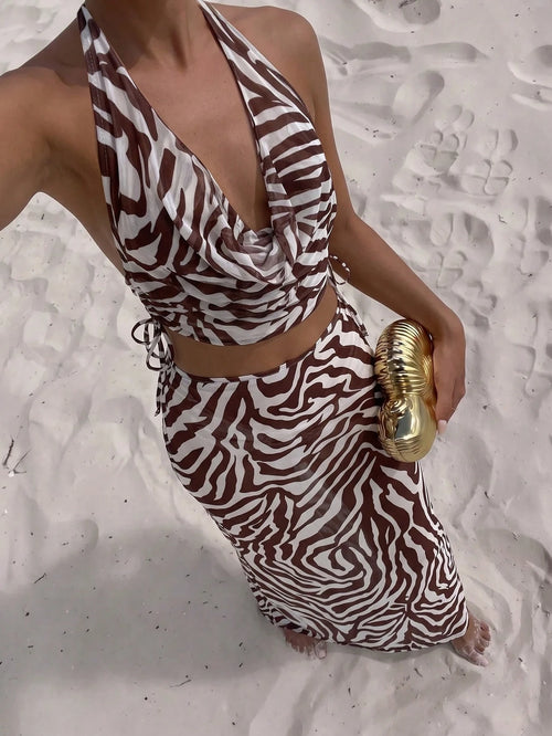 Bonvoyette 2026 Summer Brown Striped 4-Piece Bikini Set,Beach Party Holiday Swimsuit