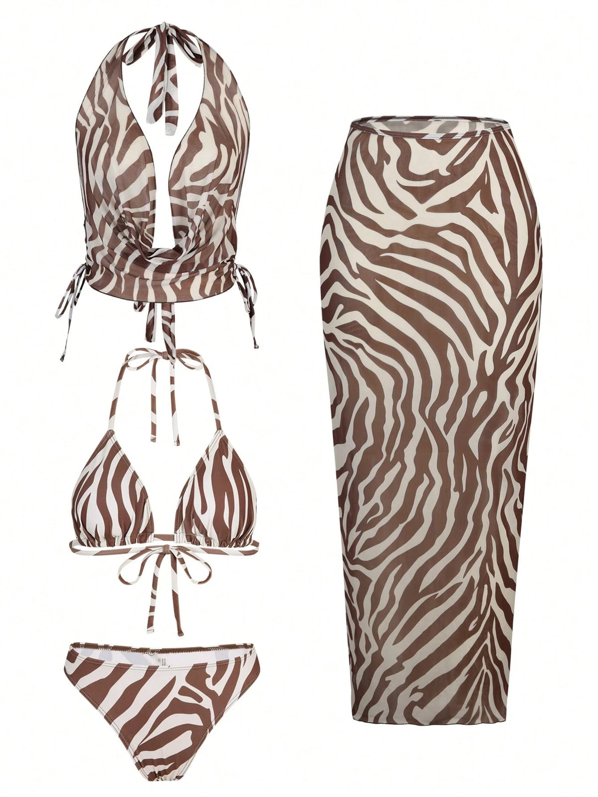 Bonvoyette 2026 Summer Brown Striped 4-Piece Bikini Set,Beach Party Holiday Swimsuit
