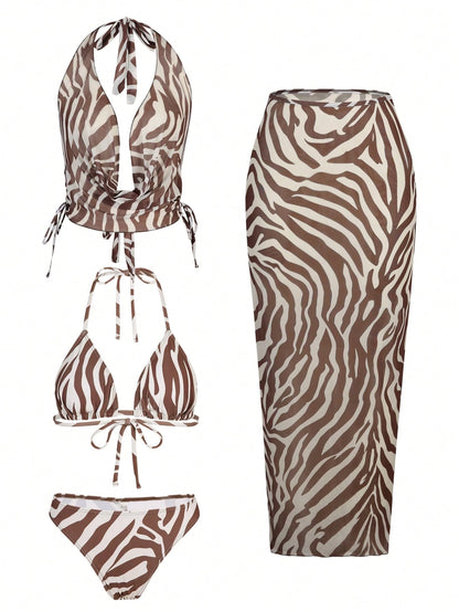Bonvoyette 2026 Summer Brown Striped 4-Piece Bikini Set,Beach Party Holiday Swimsuit