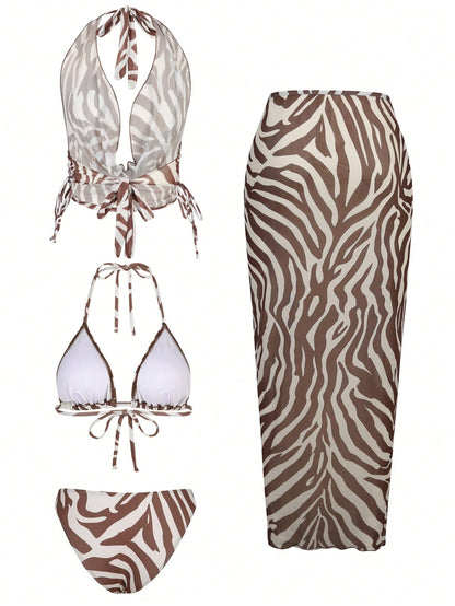 Bonvoyette 2026 Summer Brown Striped 4-Piece Bikini Set,Beach Party Holiday Swimsuit