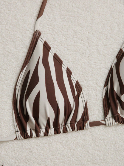 Bonvoyette 2026 Summer Brown Striped 4-Piece Bikini Set,Beach Party Holiday Swimsuit