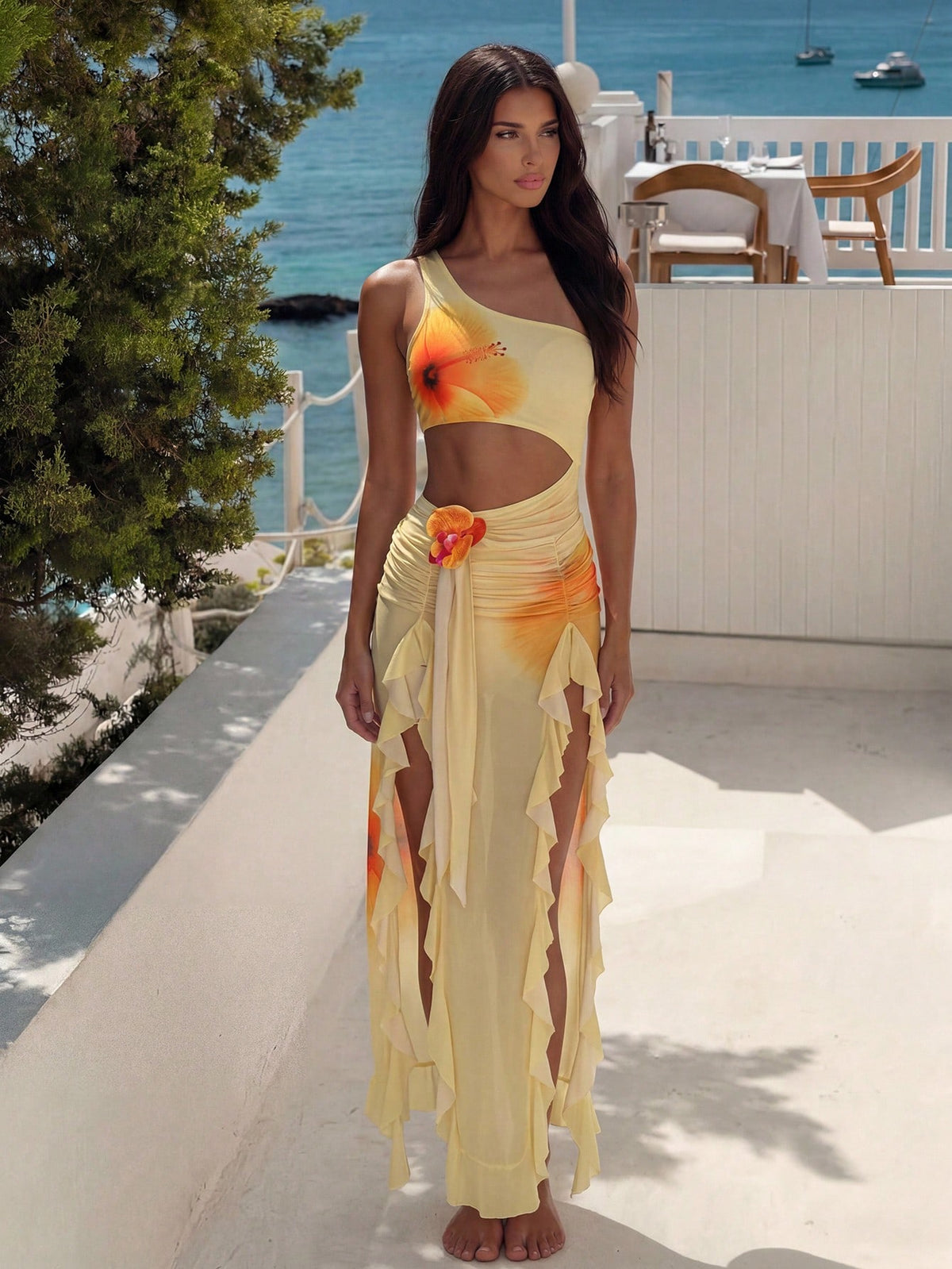 Bonvoyette 2pcs/Set Women's Floral Print One Piece Swimsuit With Asymmetric Mesh Skirt, & Elegant Orange Flower Summer Casual Holiday Vacation Beach Outfits