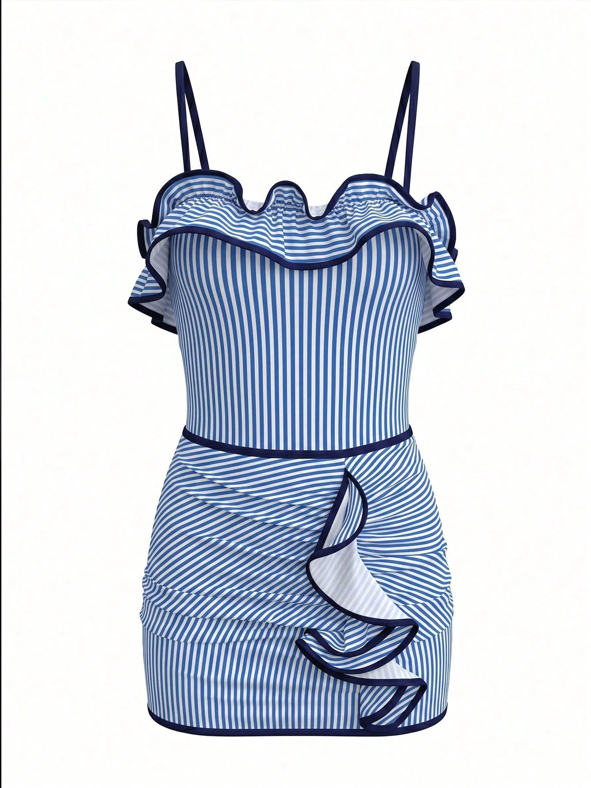 Bonvoyette Women's Fashion Blue And White Striped Print Ruffle One-Piece Swimsuit, Detachable Shoulder Straps, Bandeau Style, Ruffle Skirt