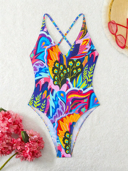 Bonvoyette Women's Floral & Leaf Print One-Piece Swimsuit, Suitable For Beach Vacation, Pool Party, Beach Party