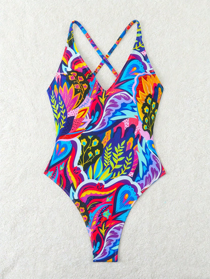 Bonvoyette Women's Floral & Leaf Print One-Piece Swimsuit, Suitable For Beach Vacation, Pool Party, Beach Party