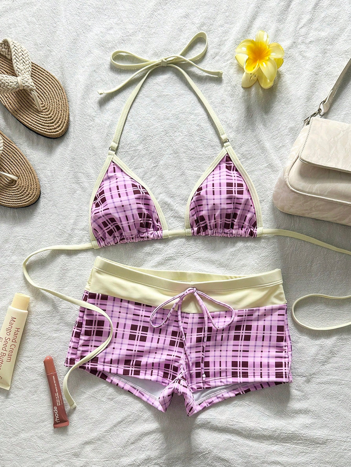 Bonvoyette Women's Purple Bikini Set,Cute Retro Check Graphic Swimsuits With Swimshorts,Summer Beach Party Holiday,Boho Y2K Vintage Beachwear Fashionable Outfit