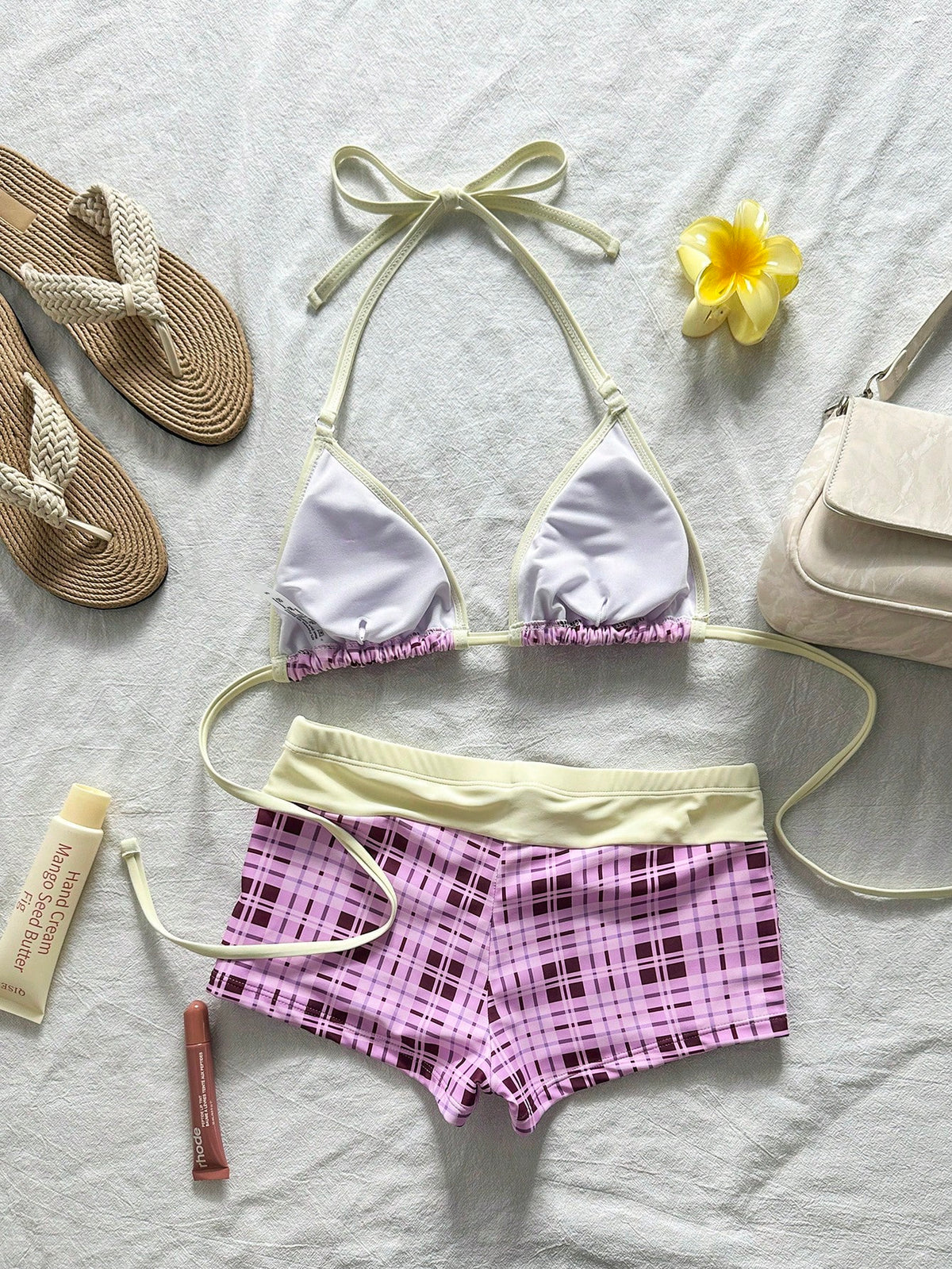 Bonvoyette Women's Purple Bikini Set,Cute Retro Check Graphic Swimsuits With Swimshorts,Summer Beach Party Holiday,Boho Y2K Vintage Beachwear Fashionable Outfit