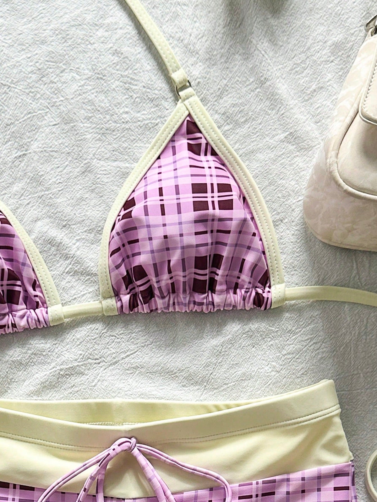 Bonvoyette Women's Purple Bikini Set,Cute Retro Check Graphic Swimsuits With Swimshorts,Summer Beach Party Holiday,Boho Y2K Vintage Beachwear Fashionable Outfit