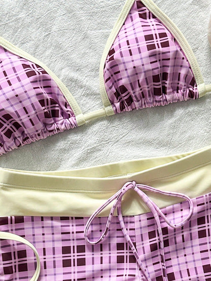 Bonvoyette Women's Purple Bikini Set,Cute Retro Check Graphic Swimsuits With Swimshorts,Summer Beach Party Holiday,Boho Y2K Vintage Beachwear Fashionable Outfit