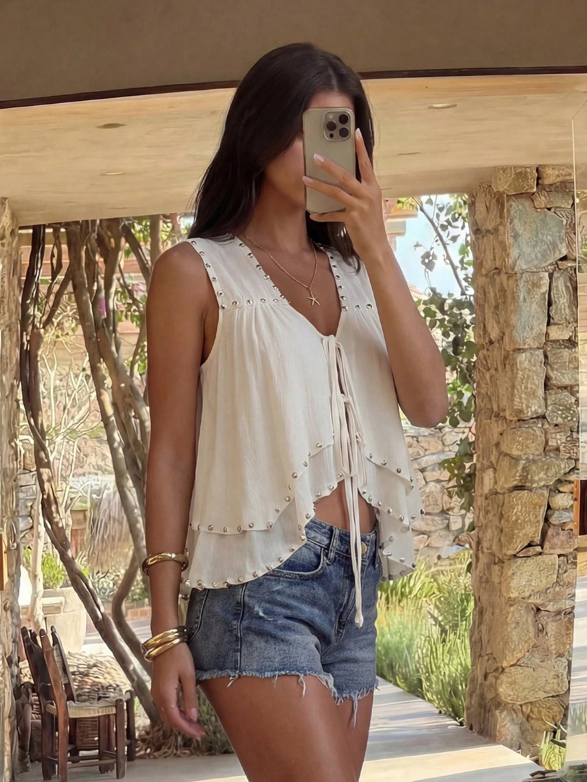 Bonvoyette Women's Summer Light Apricot Sleeveless Top, Western Cowboy Style Double Layer Irregular Hem Design, Front Tie With Rivet Decorated Shirt, Stylish Y2K Crop Top For Women, Perfect For Daily