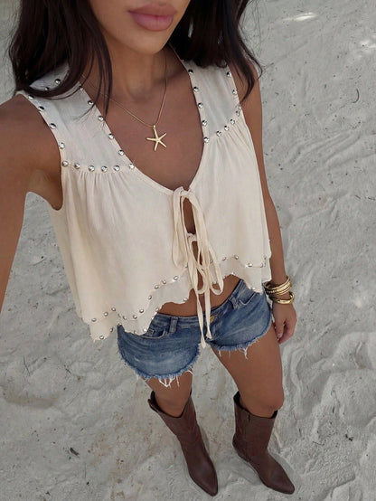 Bonvoyette Women's Summer Light Apricot Sleeveless Top, Western Cowboy Style Double Layer Irregular Hem Design, Front Tie With Rivet Decorated Shirt, Stylish Y2K Crop Top For Women, Perfect For Daily