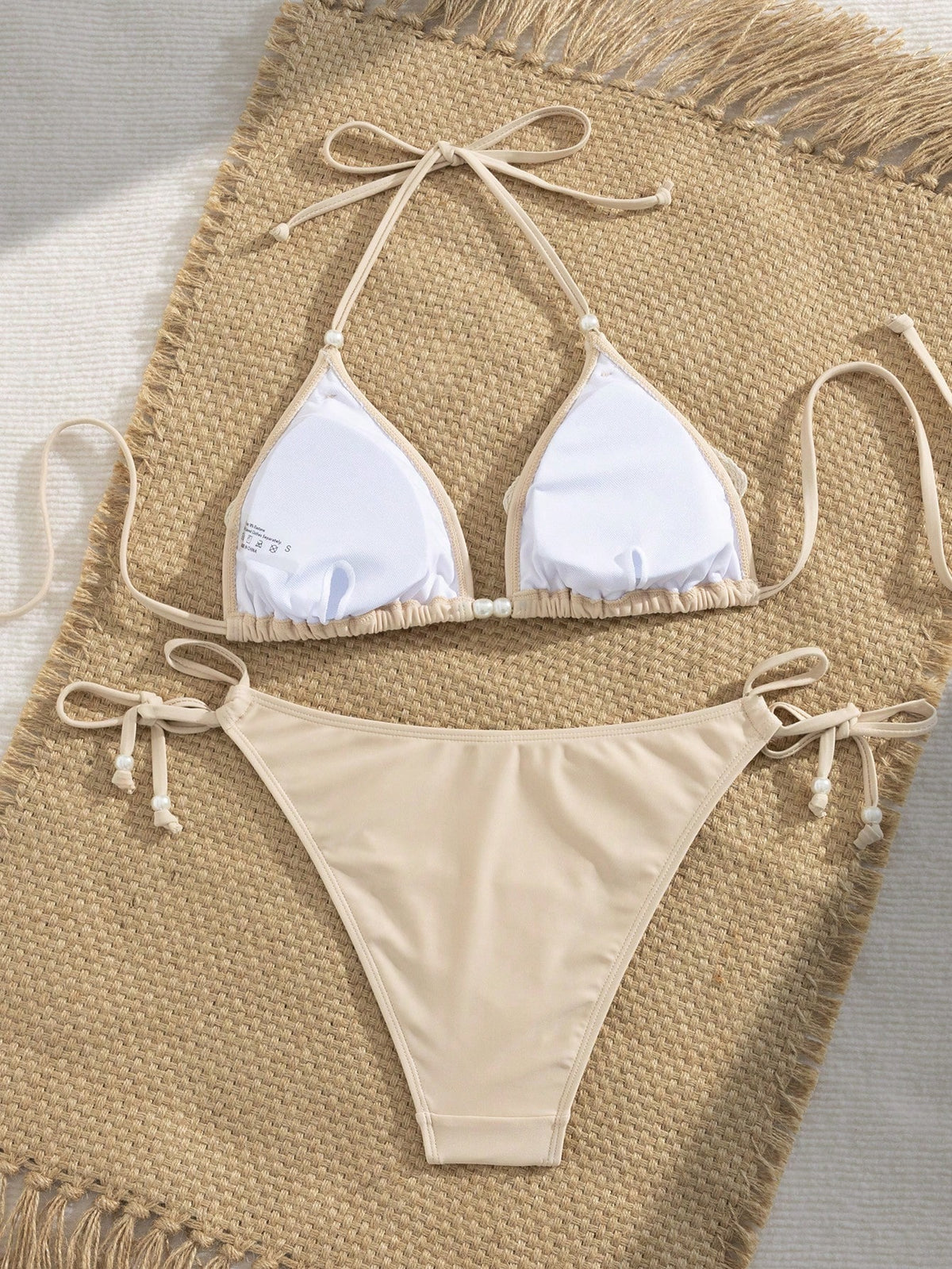 Bonvoyette Women's Summer Vacation Casual Beachwear Solid Apricot Two Pieces Bikini Set With Halter Neck Tie, Pearl Bell-Shaped Large Flower, Elegant Swimsuit Set For Holidays