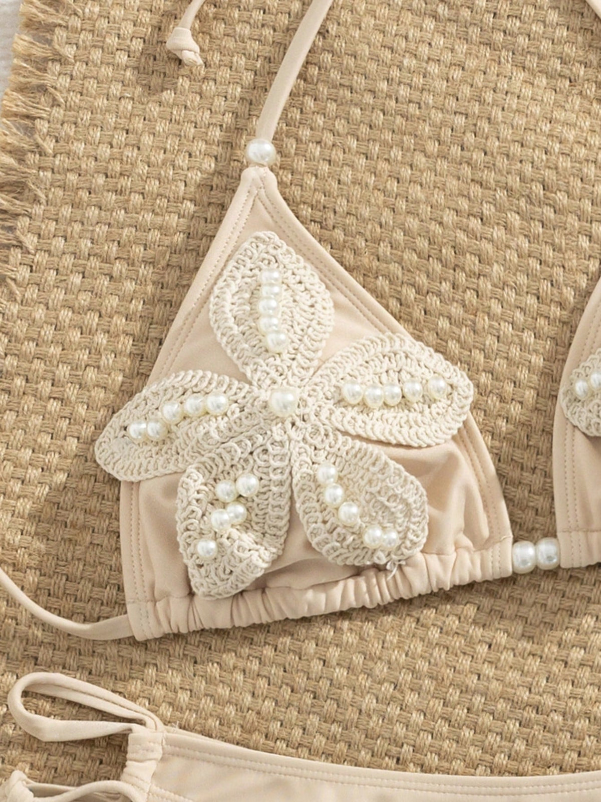Bonvoyette Women's Summer Vacation Casual Beachwear Solid Apricot Two Pieces Bikini Set With Halter Neck Tie, Pearl Bell-Shaped Large Flower, Elegant Swimsuit Set For Holidays
