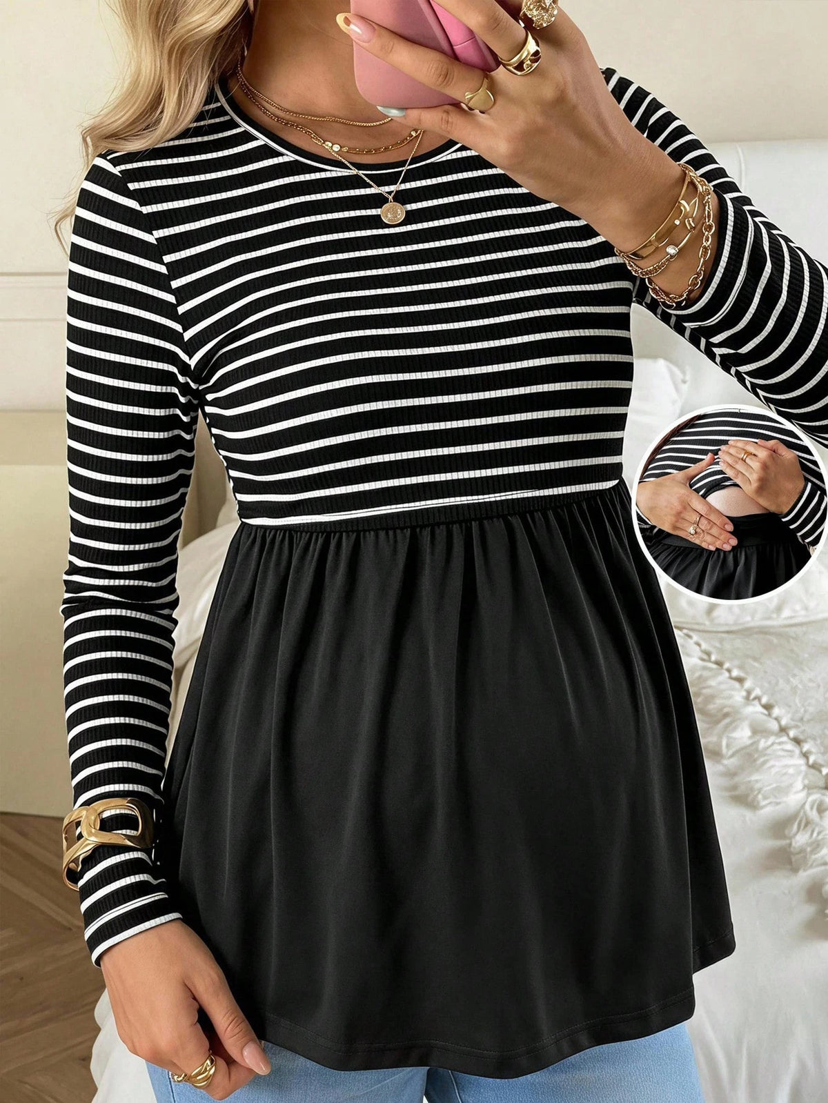Breastfeeding Striped Colorblock Ruched Crew Neck Top