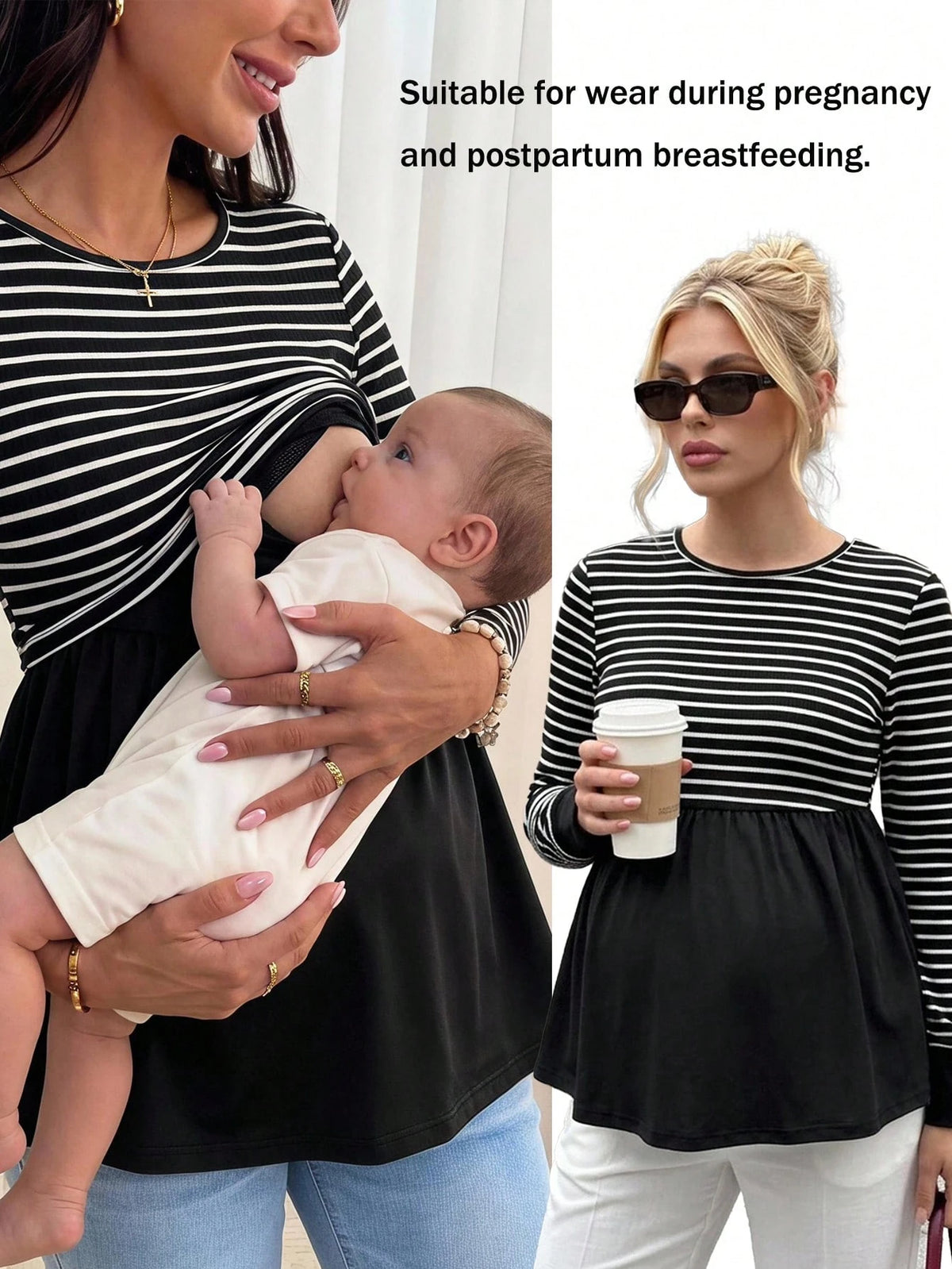 Breastfeeding Striped Colorblock Ruched Crew Neck Top