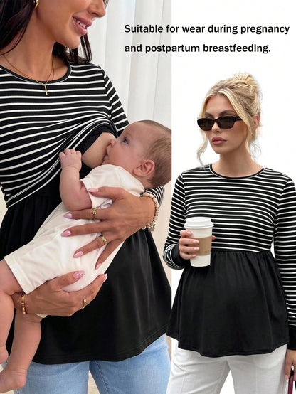Breastfeeding Striped Colorblock Ruched Crew Neck Top
