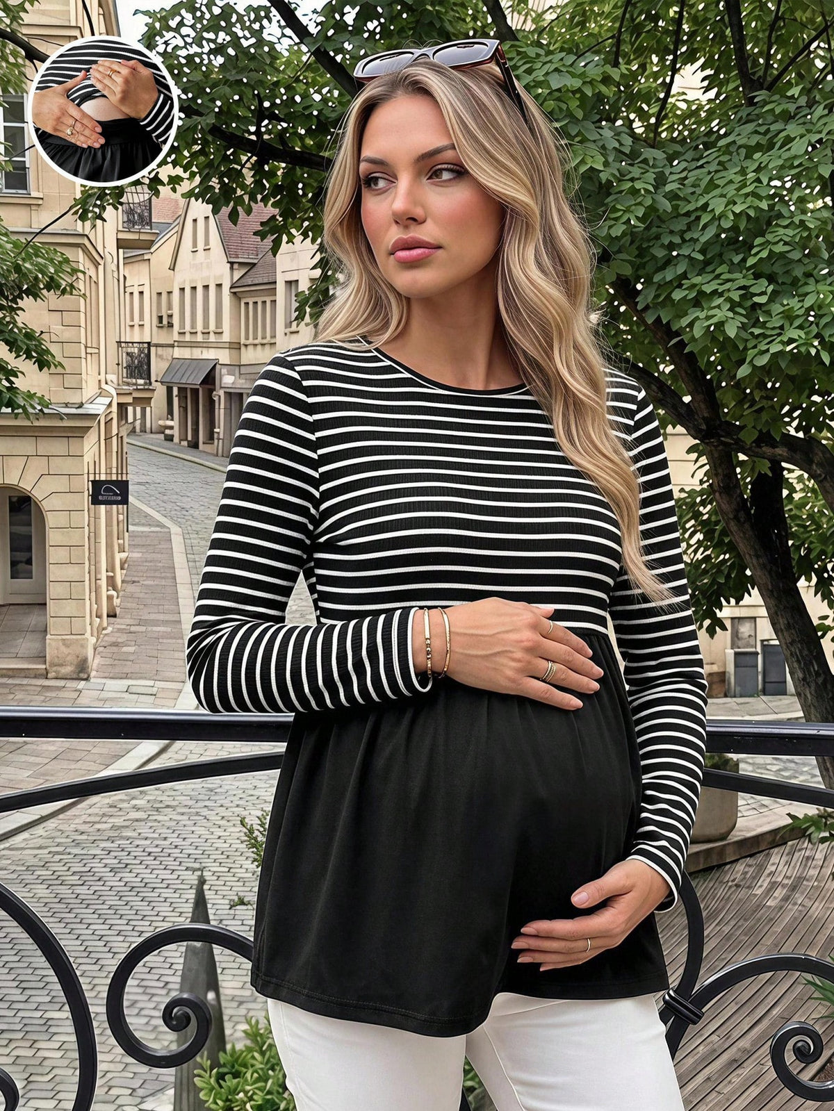 Breastfeeding Striped Colorblock Ruched Crew Neck Top