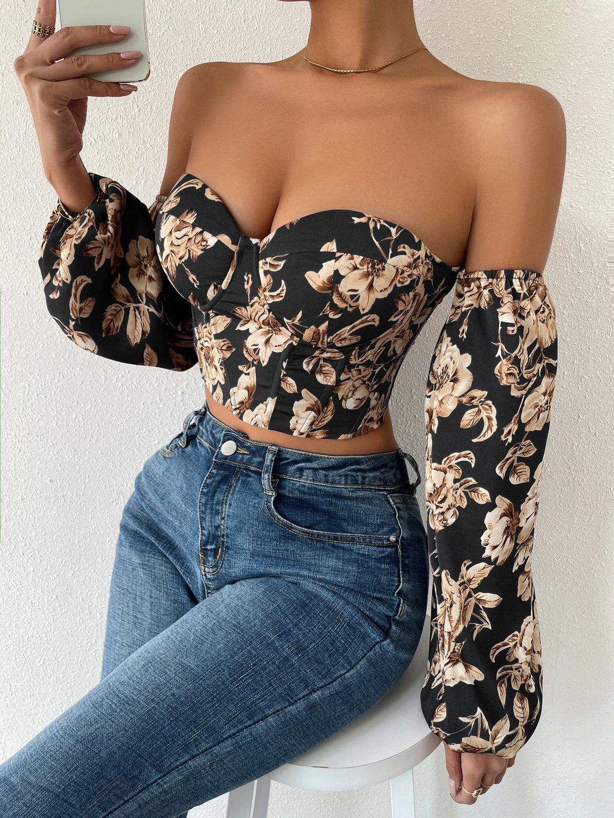 Breezaya Off Shoulder Floral Print Lantern Sleeve Crop Top Fall Cloth For Women