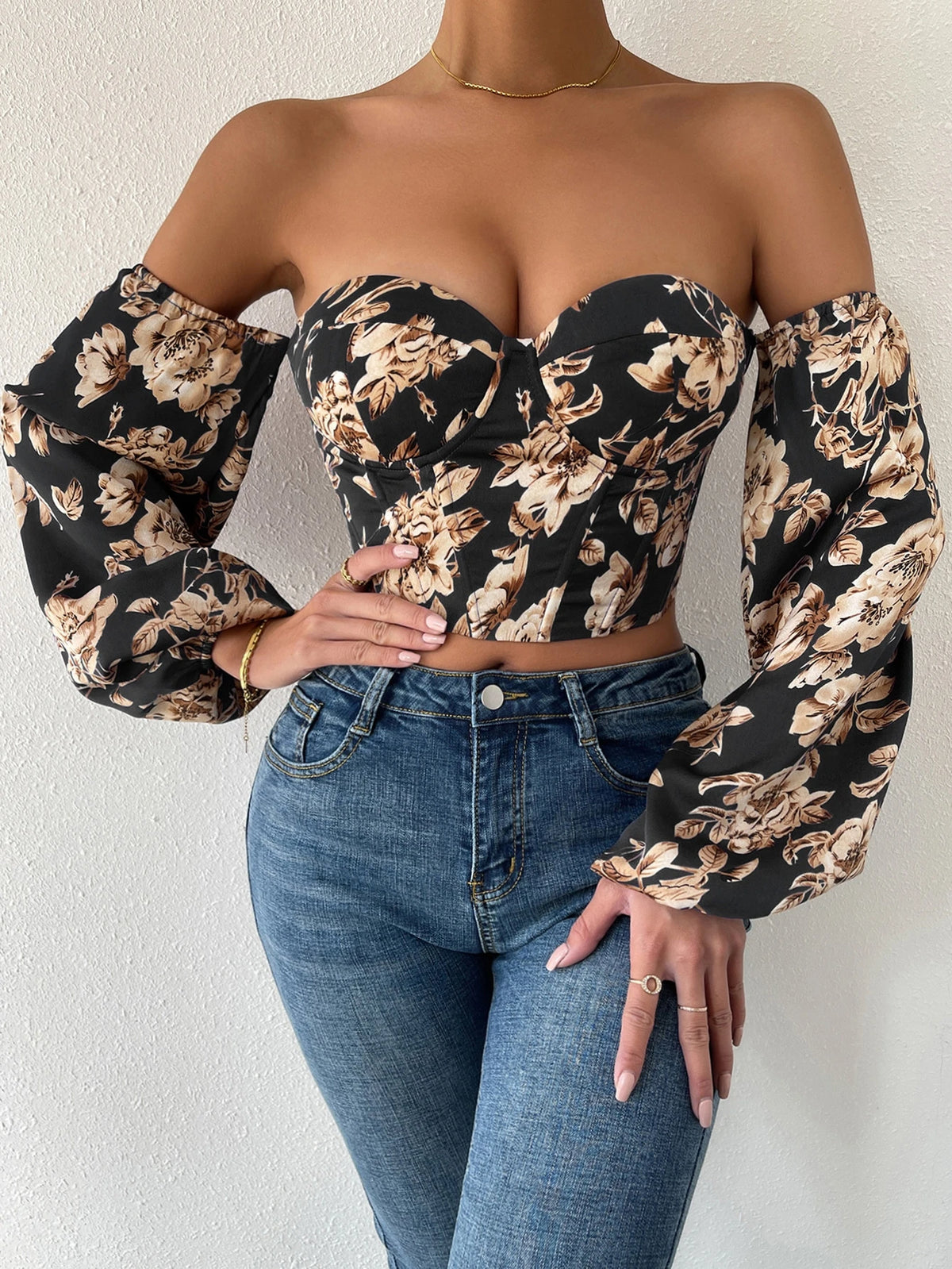Breezaya Off Shoulder Floral Print Lantern Sleeve Crop Top Fall Cloth For Women
