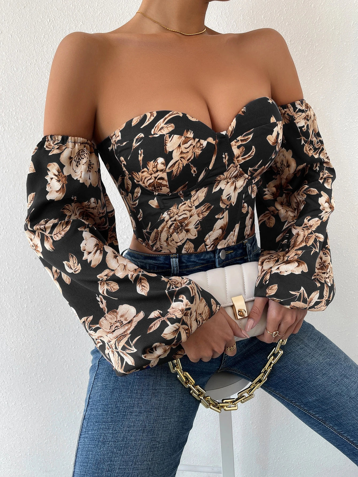 Breezaya Off Shoulder Floral Print Lantern Sleeve Crop Top Fall Cloth For Women