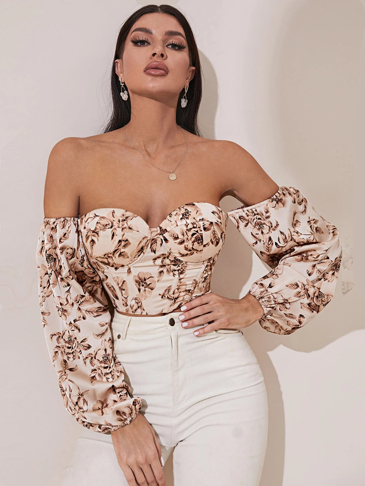 Breezaya Off Shoulder Floral Print Lantern Sleeve Crop Top Fall Cloth For Women