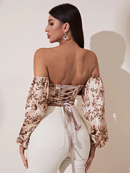 Breezaya Off Shoulder Floral Print Lantern Sleeve Crop Top Fall Cloth For Women