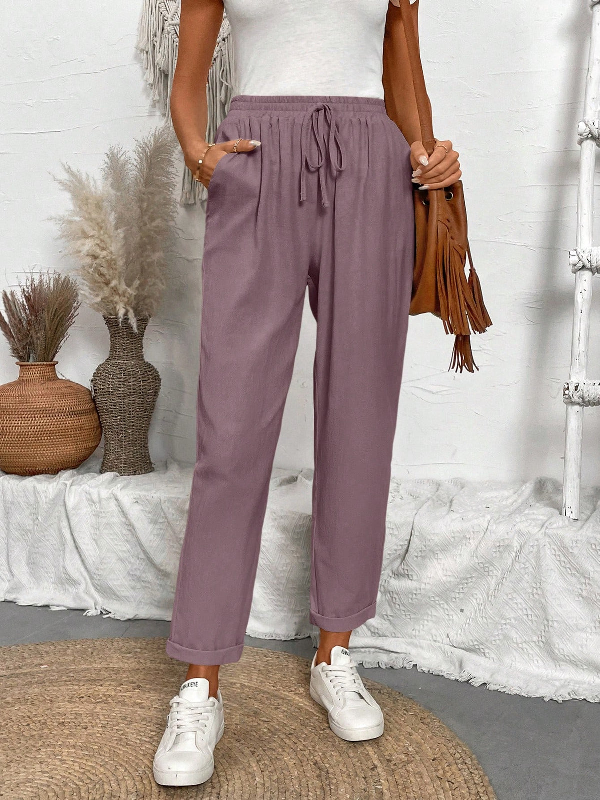 Breezaya Women Loose Drawstring Hemming Cuffed Casual Cropped Pants