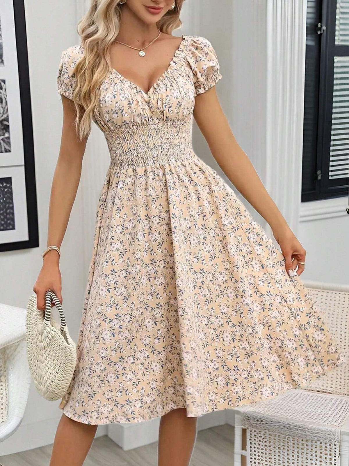Breezaya Women's Ditsy Floral V-Neck Waist-Tied Dress Maxi Women Outfit