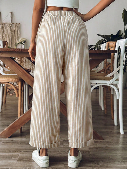 Breezaya Women's Old Money Style Striped Wide-Leg Belted Daily Wear Casual Straight Pants,Old Money Outfits Fall Cloth For Women