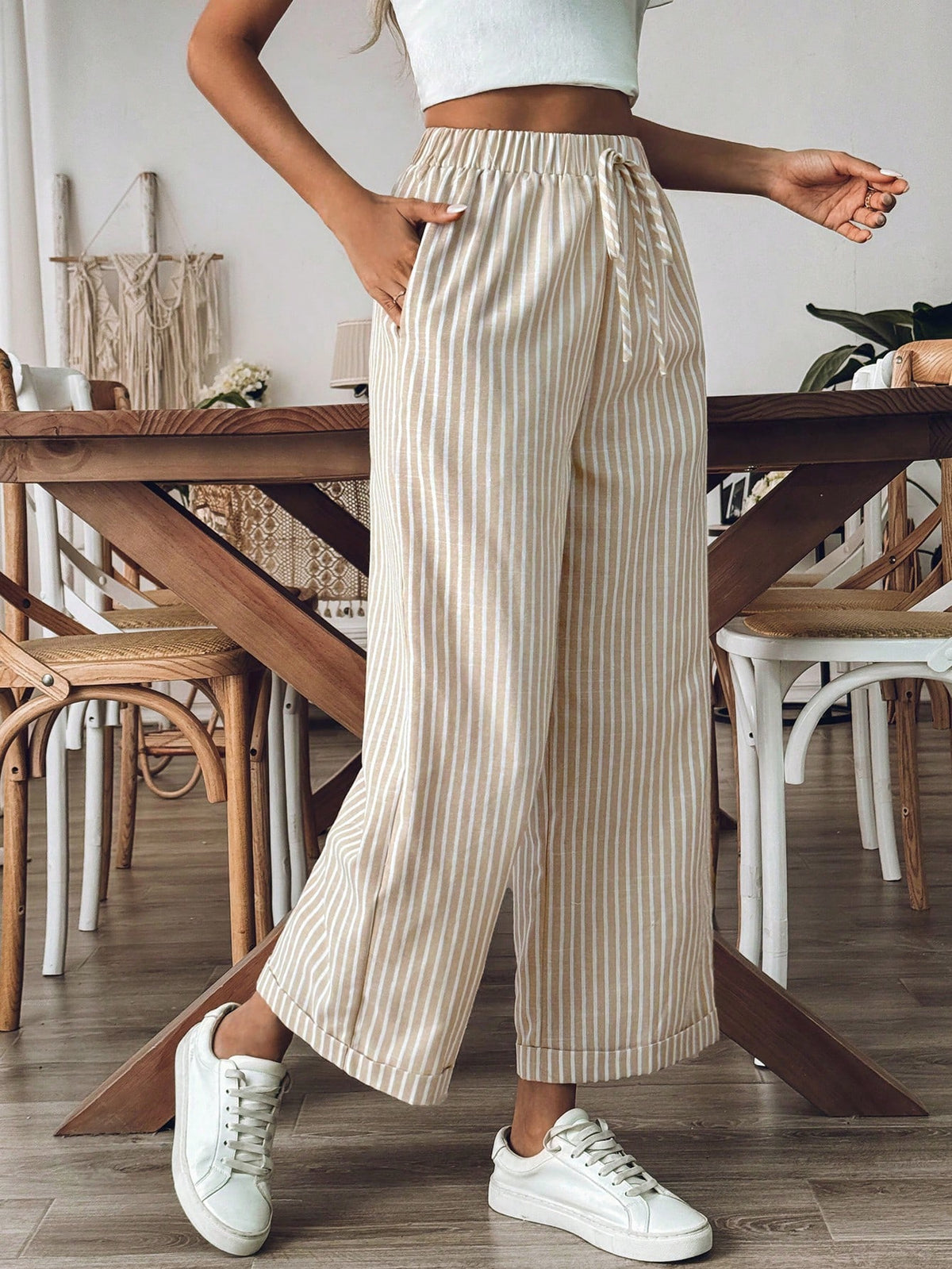 Breezaya Women's Old Money Style Striped Wide-Leg Belted Daily Wear Casual Straight Pants,Old Money Outfits Fall Cloth For Women