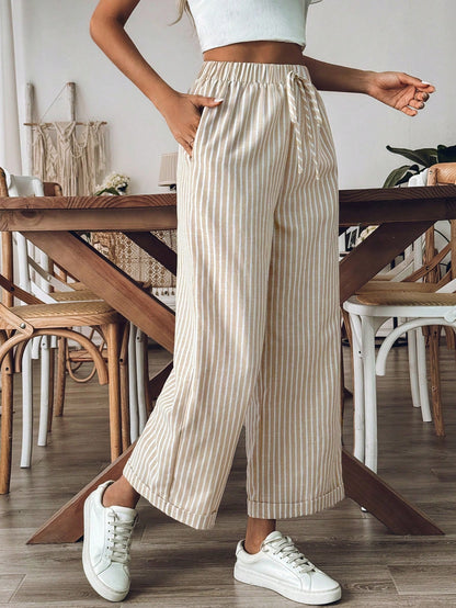Breezaya Women's Old Money Style Striped Wide-Leg Belted Daily Wear Casual Straight Pants,Old Money Outfits Fall Cloth For Women