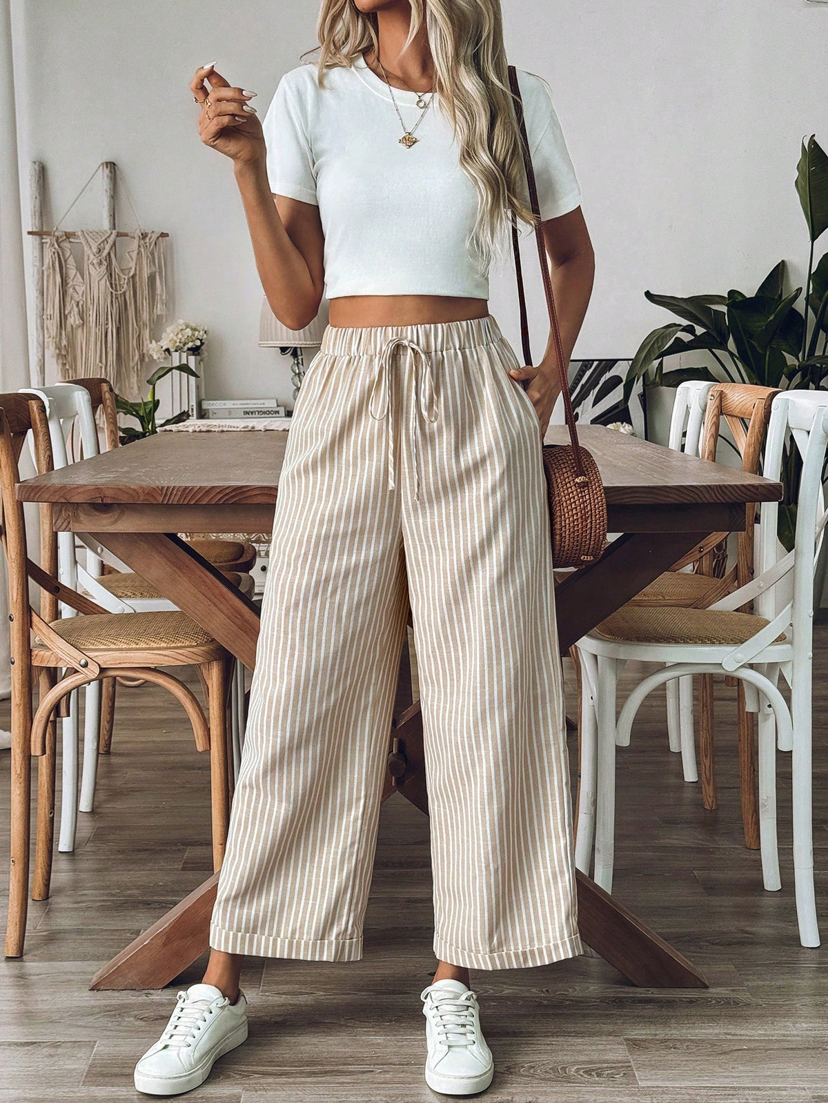 Breezaya Women's Old Money Style Striped Wide-Leg Belted Daily Wear Casual Straight Pants,Old Money Outfits Fall Cloth For Women