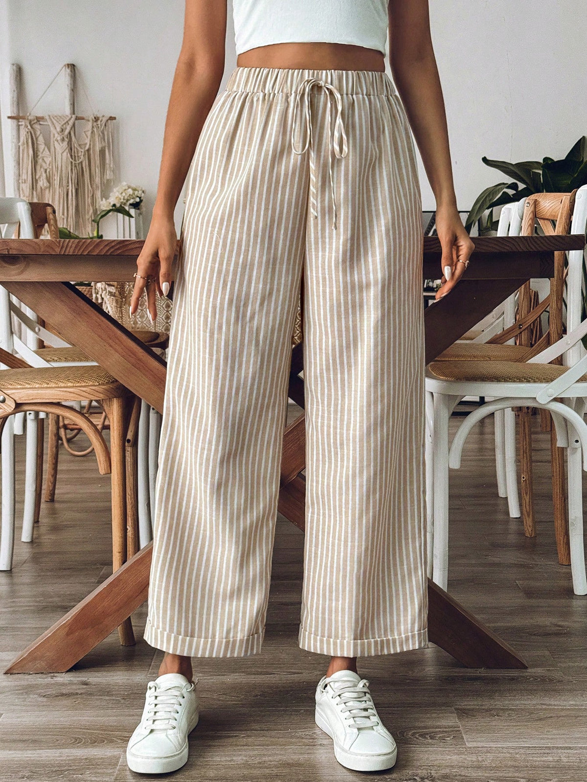 Breezaya Women's Old Money Style Striped Wide-Leg Belted Daily Wear Casual Straight Pants,Old Money Outfits Fall Cloth For Women