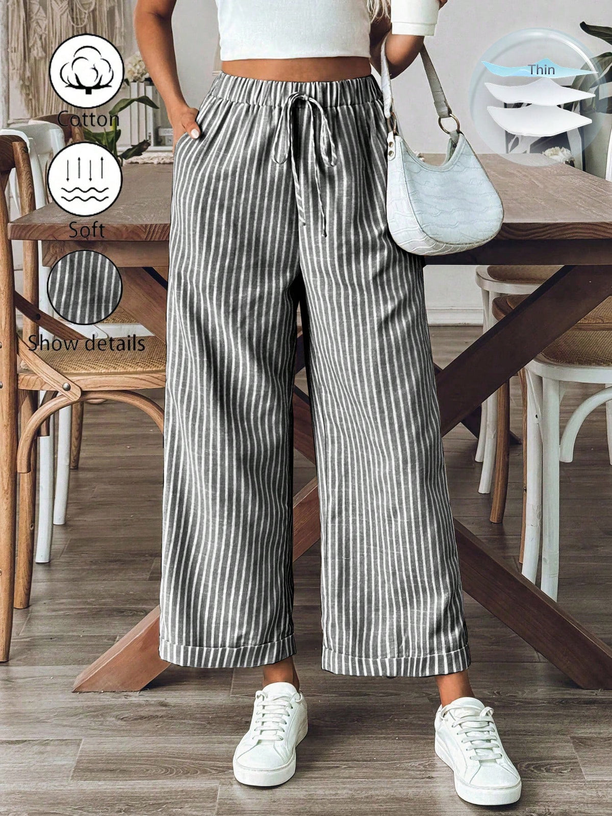 Breezaya Women's Old Money Style Striped Wide-Leg Belted Daily Wear Casual Straight Pants,Old Money Outfits Fall Cloth For Women