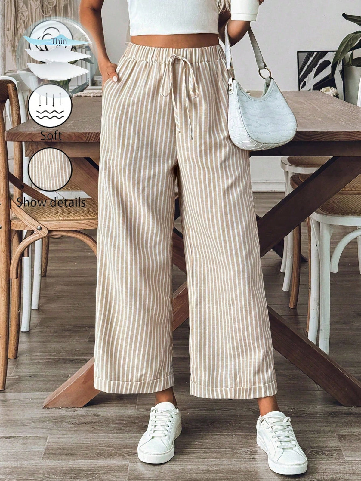 Breezaya Women's Old Money Style Striped Wide-Leg Belted Daily Wear Casual Straight Pants,Old Money Outfits Fall Cloth For Women