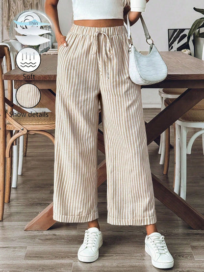 Breezaya Women's Old Money Style Striped Wide-Leg Belted Daily Wear Casual Straight Pants,Old Money Outfits Fall Cloth For Women