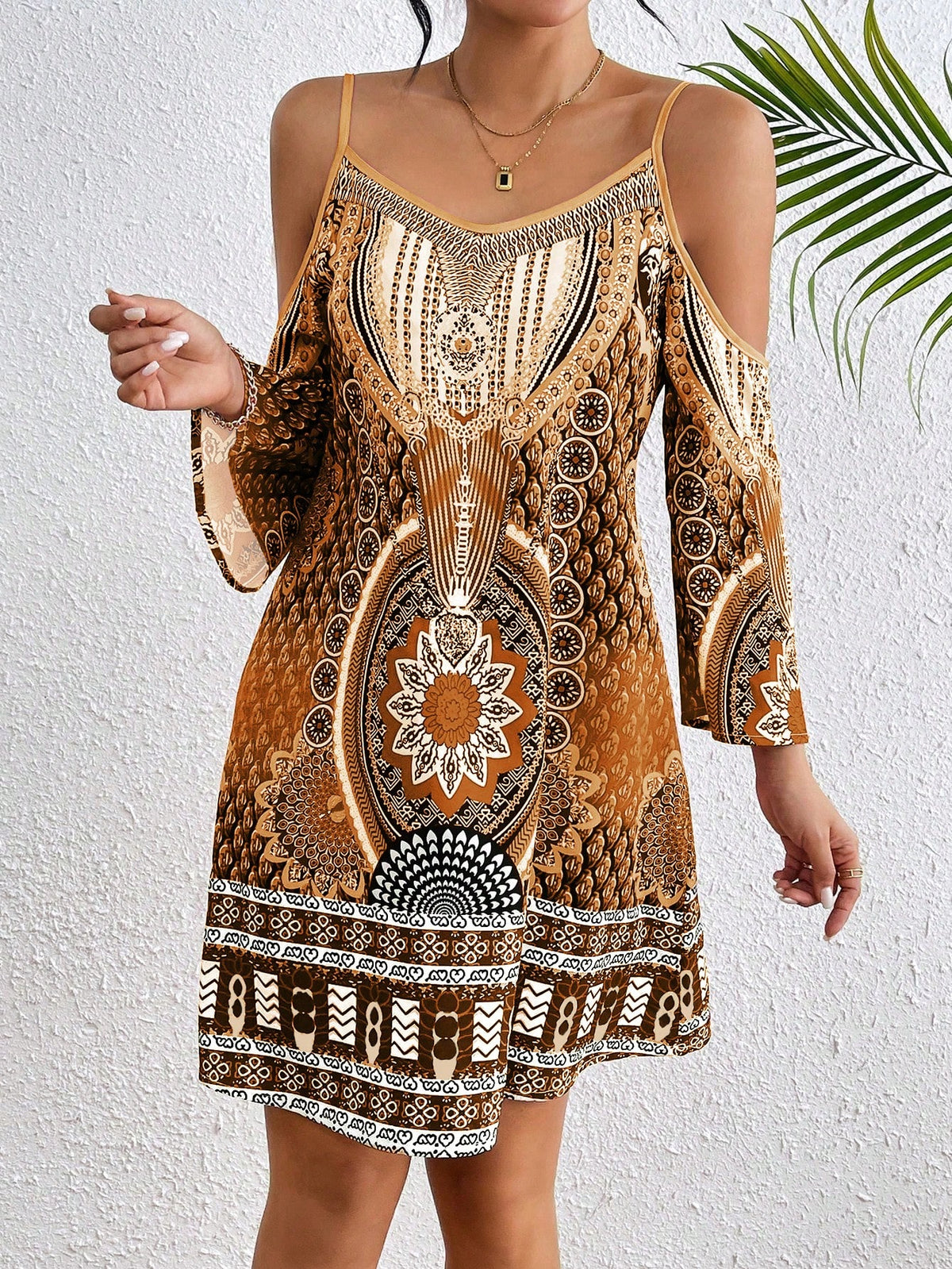 Breezaya Women Vintage Style Print Off Shoulder Dress Vacation Beach Outfit