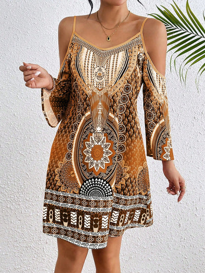 Breezaya Women Vintage Style Print Off Shoulder Dress Vacation Beach Outfit