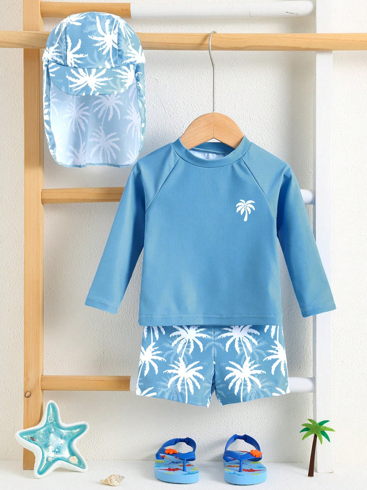 Bubblio Unisex Baby 3pcs/Set Blue Cute Coconut Tree Long Sleeve Rash Guard Swimsuit Sun Protection Hat Swimwear,Summer Funny Beach Pool Party Vacation Holiday