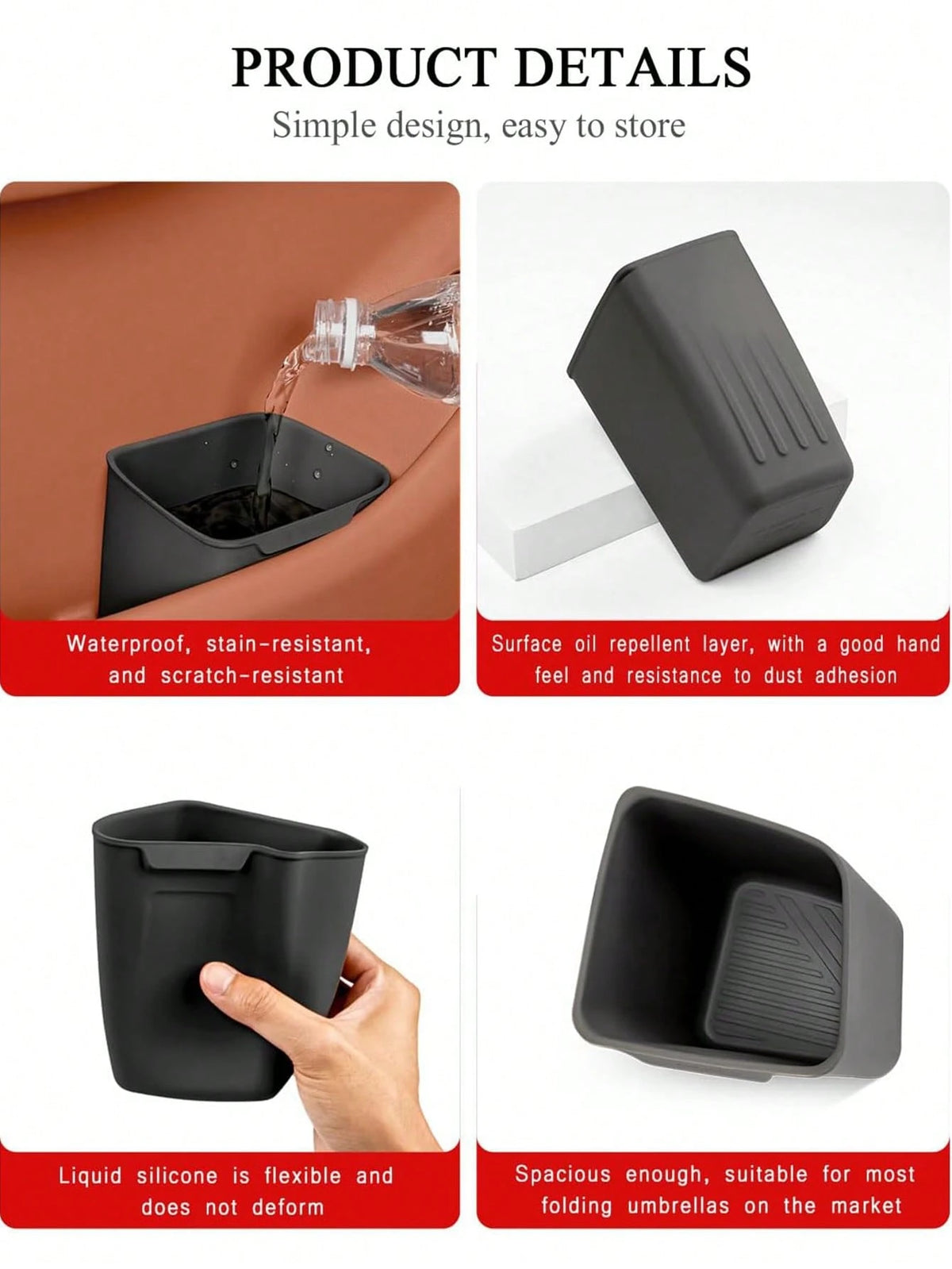 Car Interior Storage Box, Black Silicone Car Door Side Organizer With Umbrella Holder And Trash Can, Car Accessories (Black)