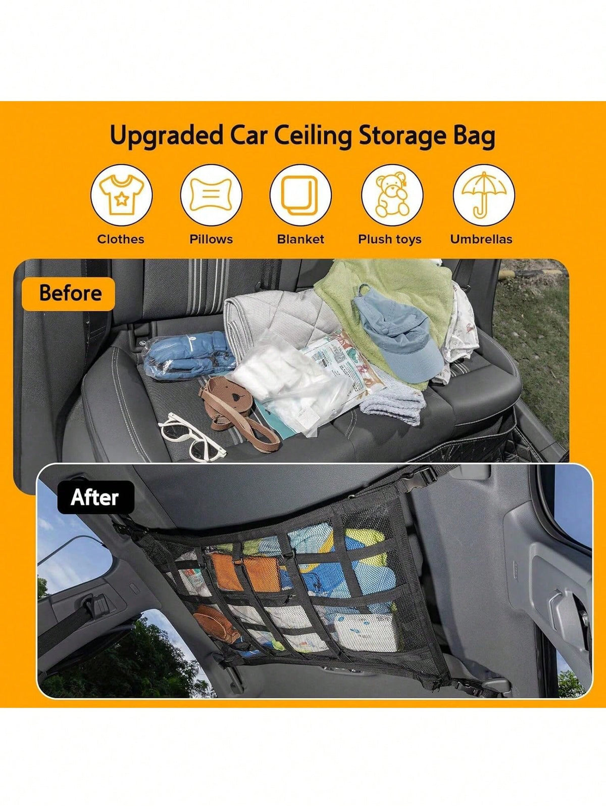 Car Overhead Mesh Storage Net For SUV Ceiling, 3 Reinforced Hook-Loop Straps & 3 Extra Pockets For Tissue Glasses Wallet, Quick No-Drill Hanging Interior Organizer, Road Trip Car Camping Essential 66C