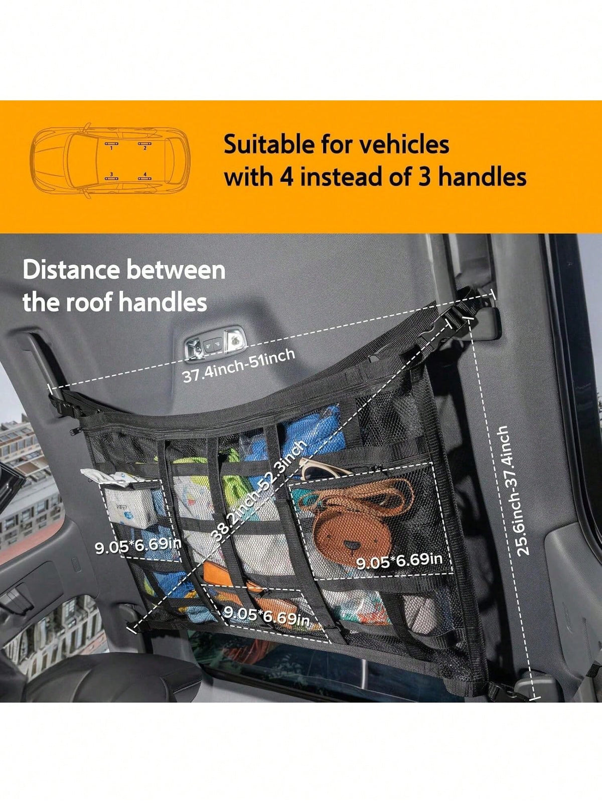Car Overhead Mesh Storage Net For SUV Ceiling, 3 Reinforced Hook-Loop Straps & 3 Extra Pockets For Tissue Glasses Wallet, Quick No-Drill Hanging Interior Organizer, Road Trip Car Camping Essential 66C