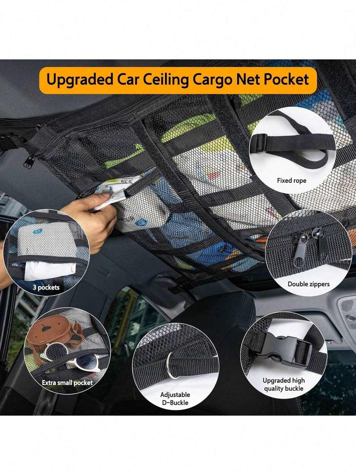 Car Overhead Mesh Storage Net For SUV Ceiling, 3 Reinforced Hook-Loop Straps & 3 Extra Pockets For Tissue Glasses Wallet, Quick No-Drill Hanging Interior Organizer, Road Trip Car Camping Essential 66C