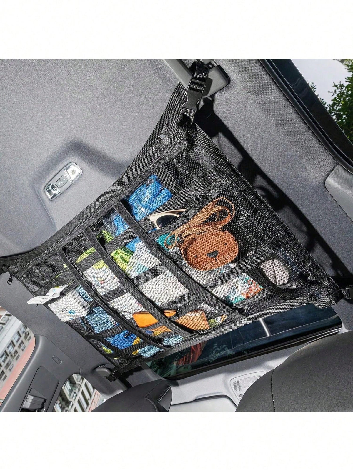 Car Overhead Mesh Storage Net For SUV Ceiling, 3 Reinforced Hook-Loop Straps & 3 Extra Pockets For Tissue Glasses Wallet, Quick No-Drill Hanging Interior Organizer, Road Trip Car Camping Essential 66C