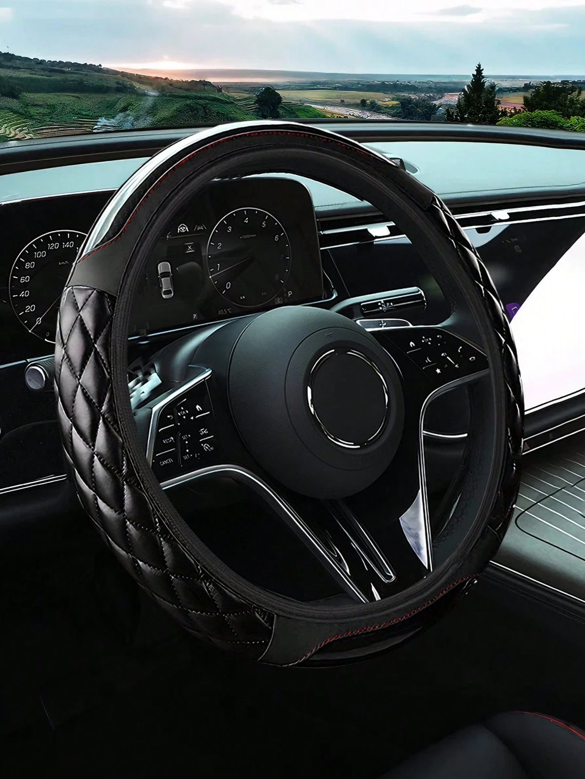 Carbon Fiber Leather Steering Wheel Cover, Soft PU Leather, Diamond Quilting, Contrast Stitching, Soft Grip With Anti-Slip Lining, Fits 14.5-15 Inch Steering Wheel, Sports Car Interior Accessory