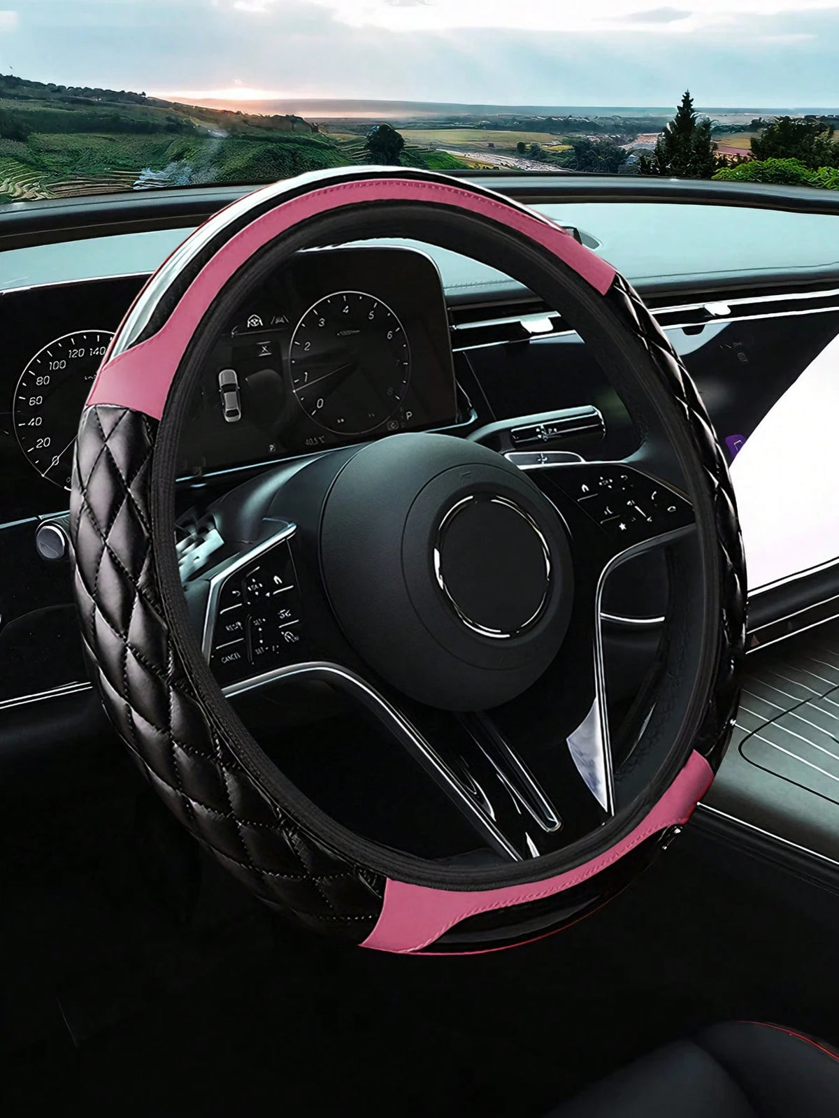 Carbon Fiber Leather Steering Wheel Cover, Soft PU Leather, Diamond Quilting, Contrast Stitching, Soft Grip With Anti-Slip Lining, Fits 14.5-15 Inch Steering Wheel, Sports Car Interior Accessory