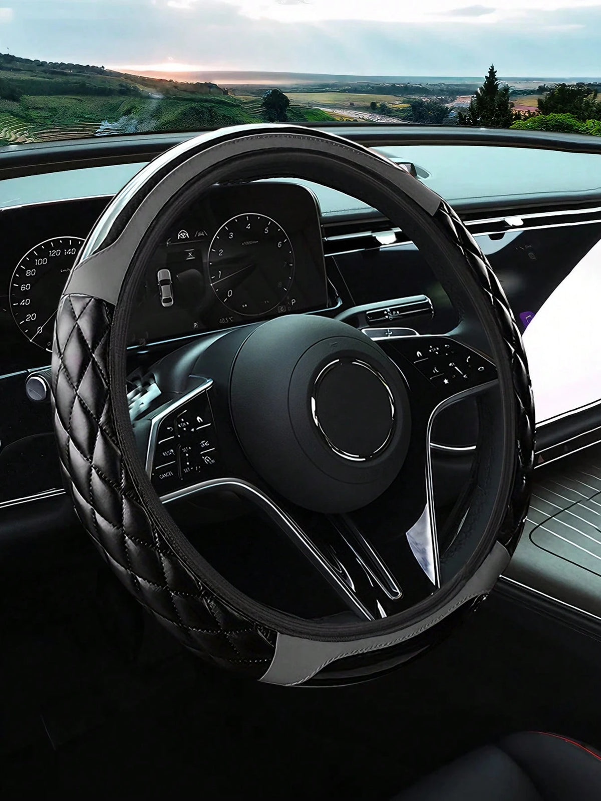 Carbon Fiber Leather Steering Wheel Cover, Soft PU Leather, Diamond Quilting, Contrast Stitching, Soft Grip With Anti-Slip Lining, Fits 14.5-15 Inch Steering Wheel, Sports Car Interior Accessory