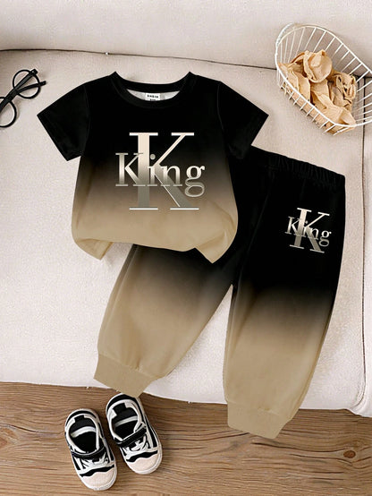 Casual Colorful Striped Contrast Cute Animal Number Letter Print Short Sleeve Crew Neck T-Shirt And Matching Print Cuffed Khaki Long